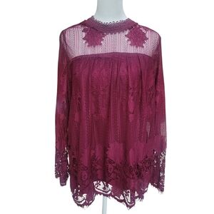 Ultra Pink Burgundy Lace Overlay Blouse Romantic Sheer Lace Top Sz L